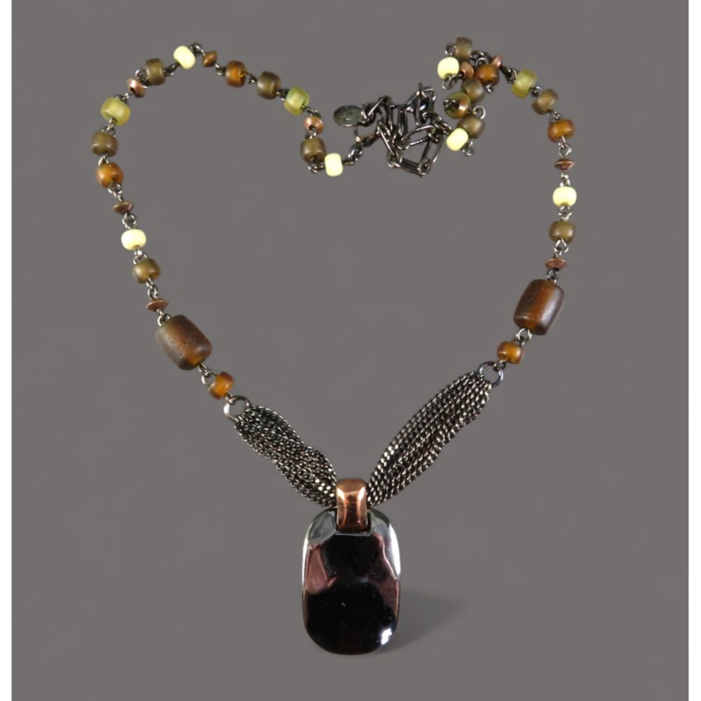 VTG Liz Claiborne Necklace GUNMETAL & BRONZE TONE Beaded Brown Beads w/PENDANT